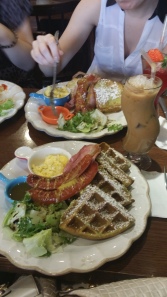 The Waffle Dish - sausage, bacon, salad, eggs, and waffle pieces. So delicious.